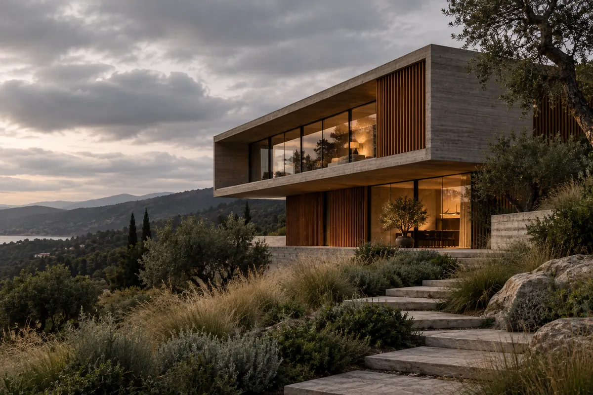 A concrete and timber house on a hillside