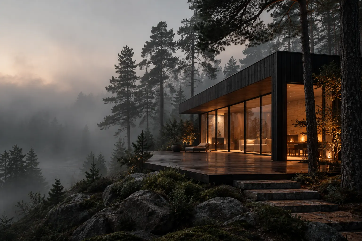 A glass and dark timber house among pines in fog
