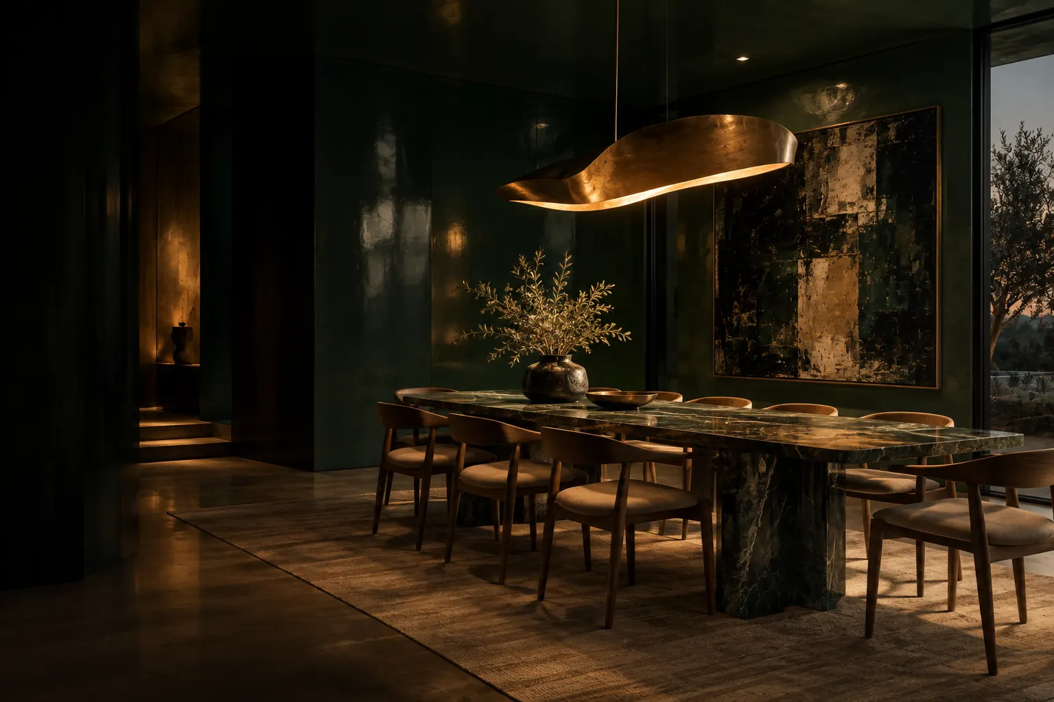 A dining room with deep green lacquered walls