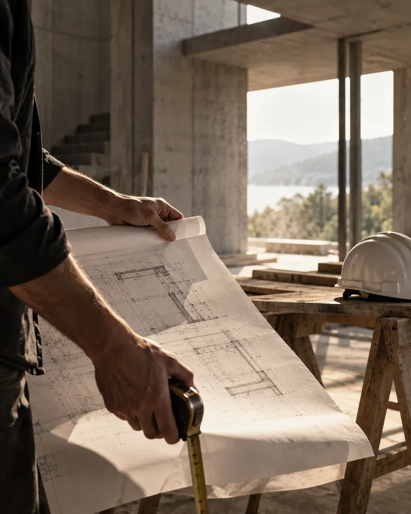 An architect checking drawings on a building site